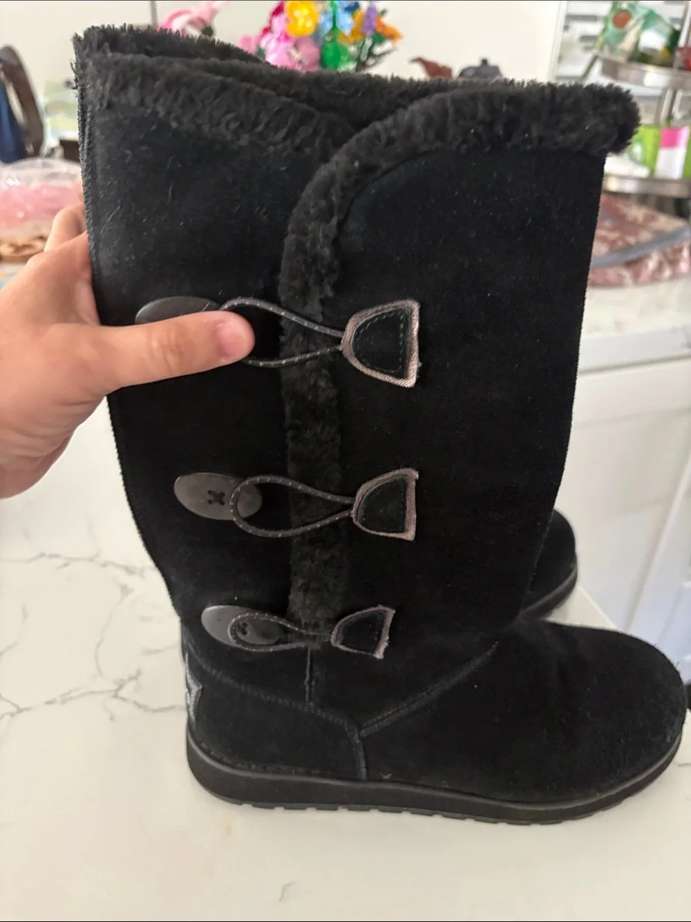 Skechers Black Over-The-Knee Faux Suede Boots with Fur Trim
